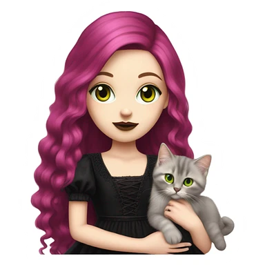 Pretty portrait of White girl. The Girl has Long Magenta Hair. Soft gothic make up and gothic dress. Holding her Cat. The cat is golden british longhair kitten with Green Eyes. sticker