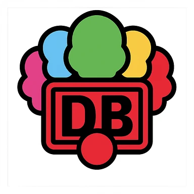 Edit the Deutsche Bahn logo to have a colorful clown hairstyle and a red nose, without a bow tie. The image should be clear, humorous, and suitable as an icon with a transparent background. sticker