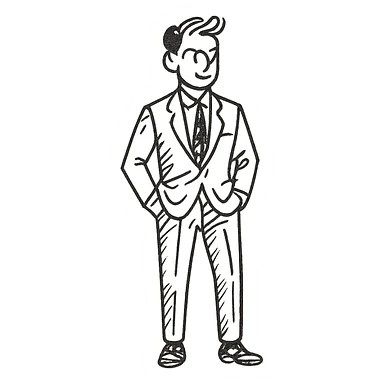 full body guy wearing a purple suit, stylish, confident expression, hand drawn icon style, no fill sticker