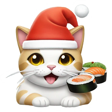 cat wearing a santa hat and eating sushi sticker