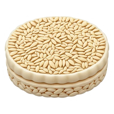 A round puffed rice cake, flat disc shape, light beige/off-white color, bumpy textured surface showing compressed puffed rice grains, crispy appearance, simple flat design, centered on transparent background. sticker