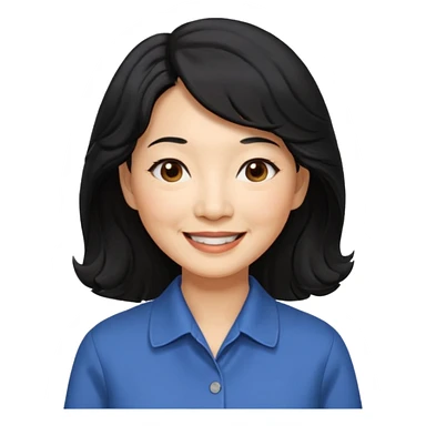 60 yr old asian woman, wavy thick black hair past shoulder length, side part, side swept bang, big smile, collared shirt, long hair sticker