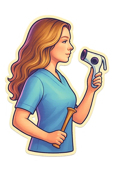 A girl with facial features and light wavy hair as in the reference, wearing a blue medical suit, holding an obstetric stethoscope in one hand, the other hand down, side view, in retro stickers style with thin clean contours, soft rounded shapes, pastel palette, retro sticker aesthetic, detailed shadows and highlights, soft lighting, transparent background. sticker