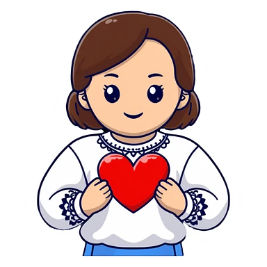 Beautiful young girl with brown hair in a white Ukrainian embroidered shirt holding a large embroidered heart sticker