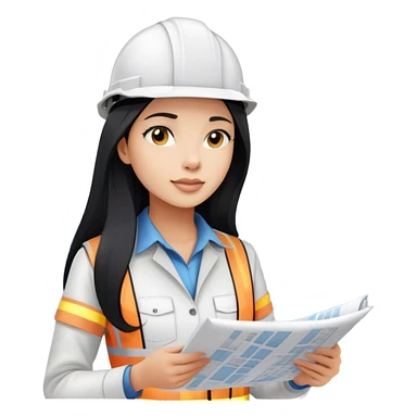 Female civil engineer with long black hair and wears white helmet looks at high rise buildings drawing plan  sticker
