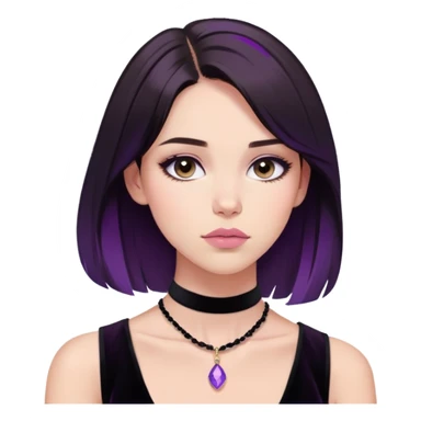 Close-up portrait of a young adult woman, light-skinned, likely in her late teens or early twenties.  Casual, contemplative pose with a thoughtful expression.  Medium-length, dark brown and violet hair, styled loosely around her shoulders.  Natural makeup, with a soft, rosy blush and neutral eyeshadow.  Pale pink lipstick complements the overall look.  Wearing a simple, wide black velvet choker necklace, and a black sleeveless top.  The subject's gaze is directed slightly off to the side, creating a sense of introspection.  sticker