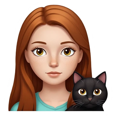 white girl with freckles, eyelashes, long brown straight highlighted hair, and a black cat sticker