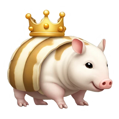 Beige and white piebald chubby round armadillo pig panda centipede armadillo wearing a crown sticker