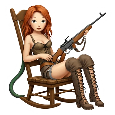 solarpunk ultra HD old and tired Tori Amos casually crouches on a rocking chair in a torn corset, holding a lintlock rifle and with muddy feet. a bronze snake wrapped itself around the chair sticker