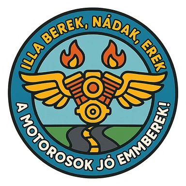 circular design for motorcycle cap, text 'Illa berek, nádak, erek, a motorosok jó emberek!', motorcycle motifs including motor, wings, flames, road, cheerful style sticker