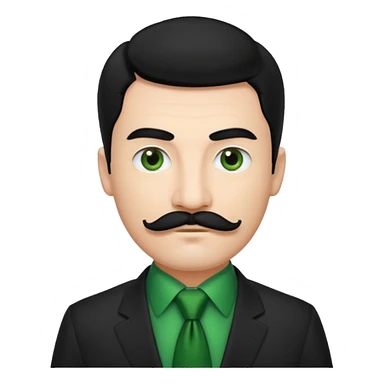["Fair-skinned man with black hair and a moustache, wearing a dark suit and green tie."] sticker