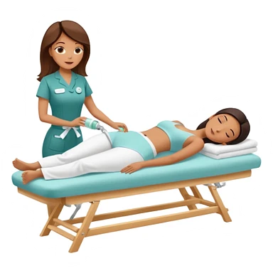 Emoji of a woman lying down on a spa bed while another woman in spa uniform applies a cavitation fat-burning treatment on her abdomen,  sticker