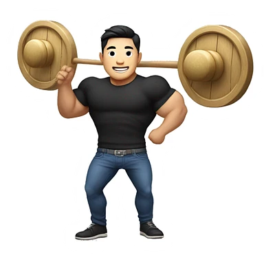 Thick muscular Korean man, with a smile, wearing a tight black shirt, blue jeans, add a gong with a gong stick in his hands sticker