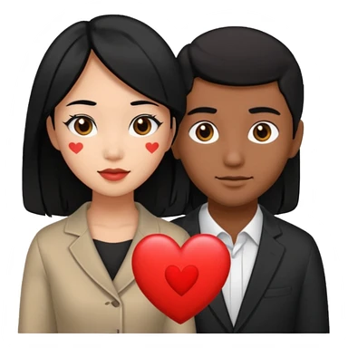 Asian Woman with black hair black eyes, brown man with black hair black eyes, and love heart sticker