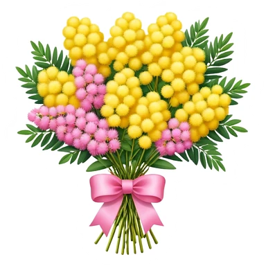 A bouquet of mimosa flowers wrapped with a pink ribbon sticker