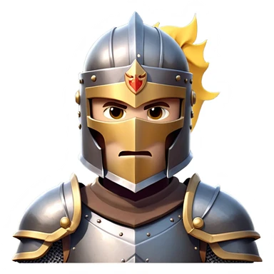 clash-of-clans-aesthetic_-cinematic-fearsome-and-majestic-knight-bust-portrait-emoji, rendered in a flat, vector-style with minimal shading and bold, simplified shapes, depicting a battle-ready medieval knight with steely eyes and intricate armor, mounted on a warhorse reflecting sunlight over a misty battlefield. sticker