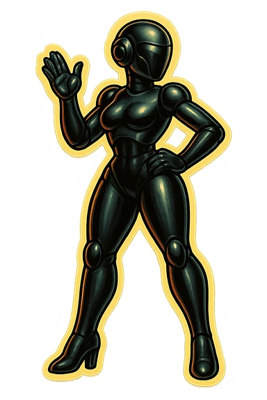 Combine the slim, sleek black female robot with the pose and proportions of the green cartoon robot, but give her a powerful, confident, and commanding pose (not friendly), in retro sticker style with bold outlines and a transparent background. sticker
