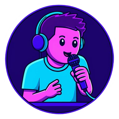 man speaking into a microphone, with neon glow effect, blue neon glow on top left, purple neon glow on bottom right sticker