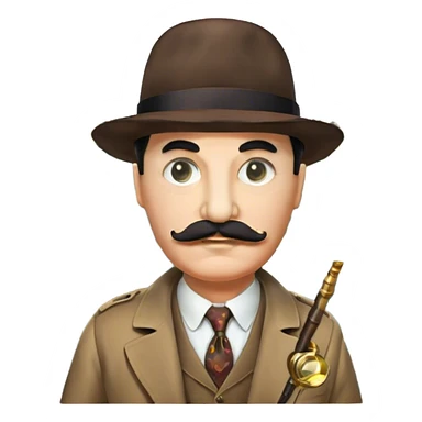 A colorful collage featuring Detective Poirot Detective Poirot with a long curling moustache, with a magnifying glass, revolver and a mysterious city backdrop. Include a board with photos of suspects, fingerprints, and a crime scene. Retro movie poster style. Transparent background. sticker