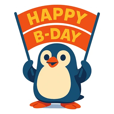 penguin holding a "Happy B-Day" banner, vibrant-toon style sticker