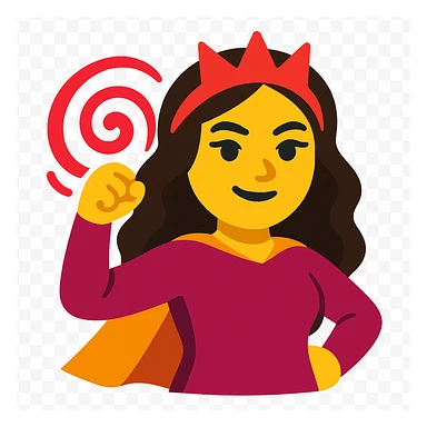 Transform this person into a magical heroine emoji with a red crown-like headpiece, swirling red energy, and a confident pose. Vibrant colors sticker