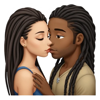 Latina Woman with long hair kissing a young black guy with dreads chin hair sticker