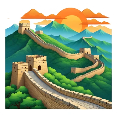 Great Wall of China, simplified emoji style with bold outlines and bright colors, cartoon style ancient wall on mountains sticker