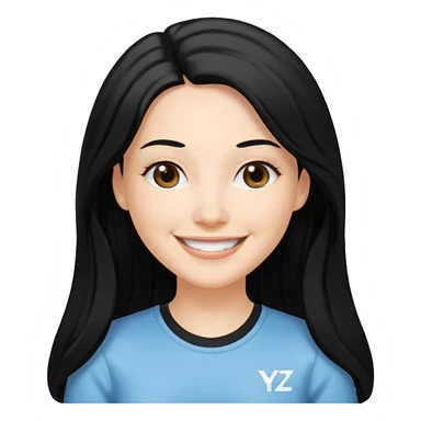 white adult woman in a y2k outfit, long black hair, smiling sticker