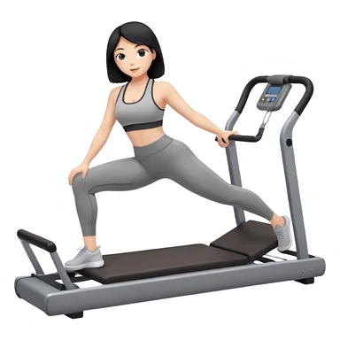 Fair-skinned black hair girl wearing grey workout set in leggings and bra doing pilates on a reformer sticker