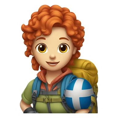 Female mountain climber red hair climbing, Greek flag on backpack and holding Easter eggs basket sticker