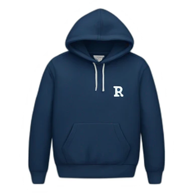 navy hoodie with white letter r on breast pocket sticker