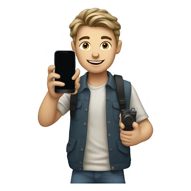 European boy takes pictures with his cell phone sticker
