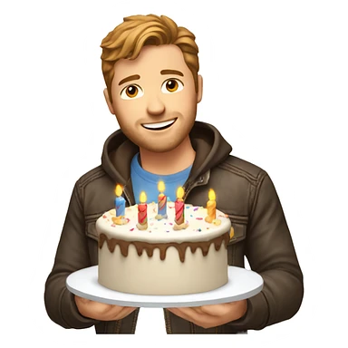 White man brown hair jeans jacket with birthday cake sticker