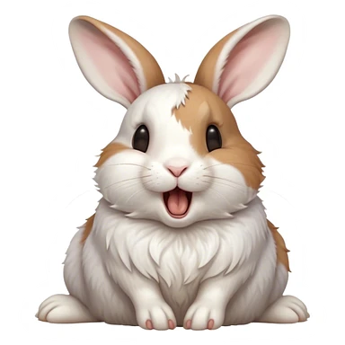 Cinematic Cute Yawning White and Brown Rabbit Portrait Emoji, Head tilted slightly with a dramatic, wide-open yawn, showcasing a soft, patterned fur with crisp white and warm brown patches, floppy ears slightly drooping, round eyes barely open in drowsy contentment, Simplified yet irresistibly adorable features, highly detailed, glowing with a soft, cozy glow, high shine, relaxed yet expressive, stylized with a touch of whimsy, bright and endearing, soft glowing outline, capturing the essence of a sleepy yet affectionate bunny, so drowsy it feels like it could stretch out of the screen and curl up for a nap! sticker