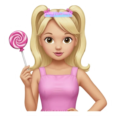 Emma Bunton with long blonde ponytails wearing light pink body dress holding a lollipop sticker