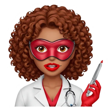 Lilith scalpel in hand, evil surgeon sexy surgeon clothes.  She has red eyes.  Hair is long. Hair is brown and curly hair. Wears sexy doctor outfit with red gloves. Covers mouth and neck mask  red sticker