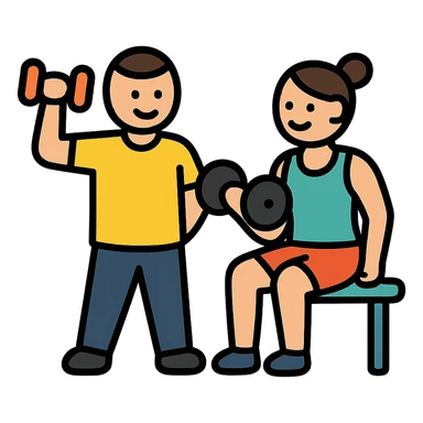 two friendly gym buddies working out together, simple and clear icon style sticker