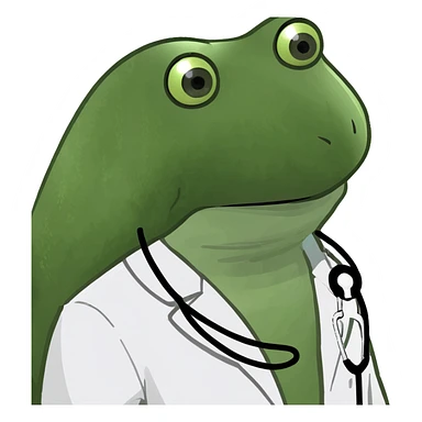 bufo frog wearing a white doctor's coat, sad eyes looking directly at the camera sticker