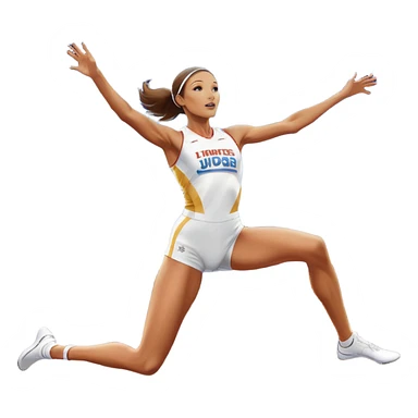 An icon featuring a female high jumper in mid-air, gracefully clearing a bar on a track. She wears a white athletic uniform and appears focused, with the background showcasing a vibrant stadium with cheering spectators and bright lights. Transparent background highlights the elegance  sticker