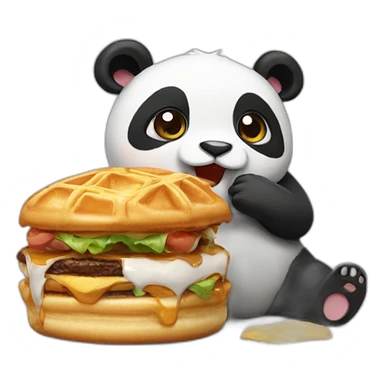 Panda eats a waffle burger with a kitten  sticker
