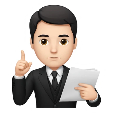 A white man in a black suit stands with a serious face and points at his hand holding papers. sticker