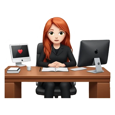 Video call therapy session: red-haired therapist with long hair wearing black minimalist clothing, seated in a professional home office, looking at the webcam; calm, modern teletherapy setting sticker