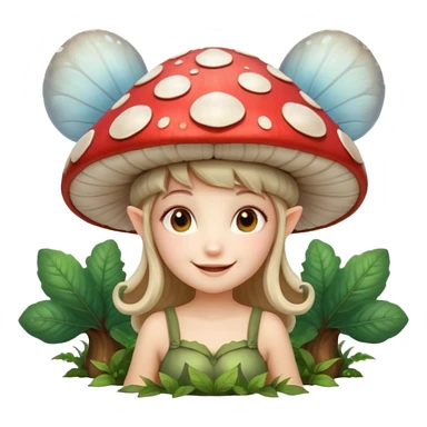 mushroom fairy portrait, head and shoulders only, wearing a large mushroom cap hat, tiny glowing wings visible behind shoulders, cute magical smile, forest fantasy vibe, 3D cartoon, mobile game icon style, clean background, no text, no watermark sticker