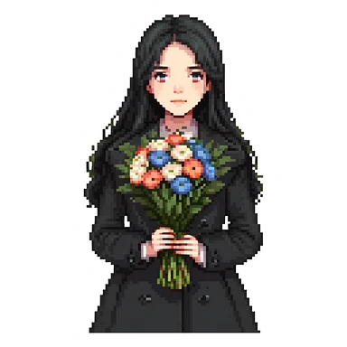 beautiful girl with long black hair wearing a black coat holding a bouquet of flowers sticker