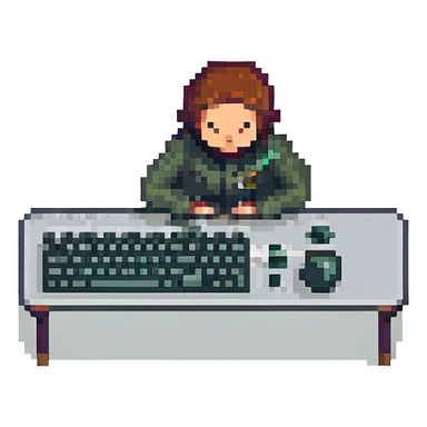 programmer typing on a keyboard with code on screen, pixel art style sticker