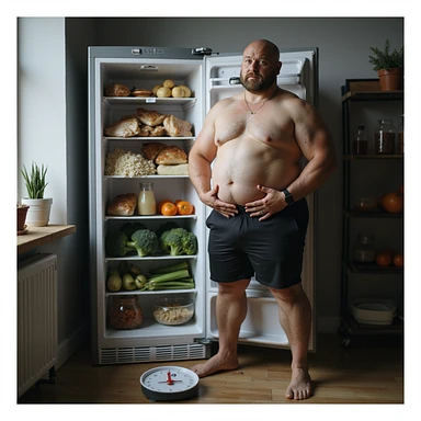 hyperrealistic 4K image of a man in gym outfit standing in front of an open fridge full of chicken, rice, broccoli holding his bloated stomach, scale with '75kg' at his feet sticker