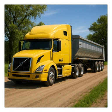 ultra-realistic Volvo yellow semi sleeper truck and silver end dump trailer, both in normal position, driving left down a photorealistic dirt road with trees and grass on both sides, blue sky sticker