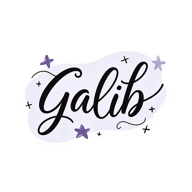 elegant cursive and bold typography of the word 'Galib' in a dreamy style, surrounded by ✨💖🌙💫🔥 emojis, with a soft gold-lavender-blue gradient, luxurious and glowing sticker