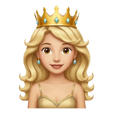 Cheerful blonde latin princess with wavy hair and light gold dress, wearing crown sticker