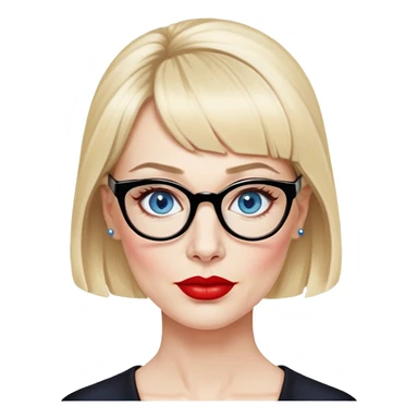 Woman in her early 50s with pale skin, wider face, blue eyes with eyeliner, thin eyebrows, red lipstick, blonde updo hair with bangs, wearing a black glasses  sticker